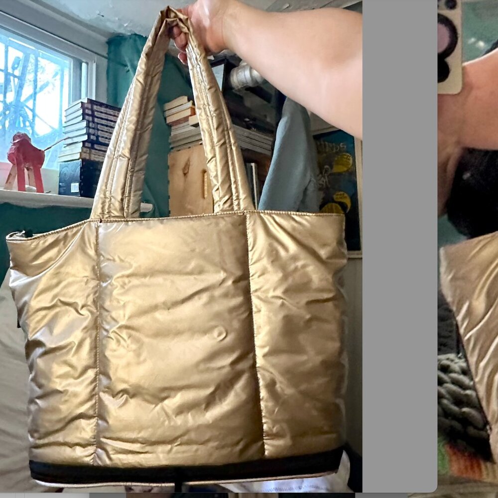 CALPAK Luka Expandable Laptop Bag / Gold Puffy Tote w/ Luggage Sleeve - Picture 5 of 6